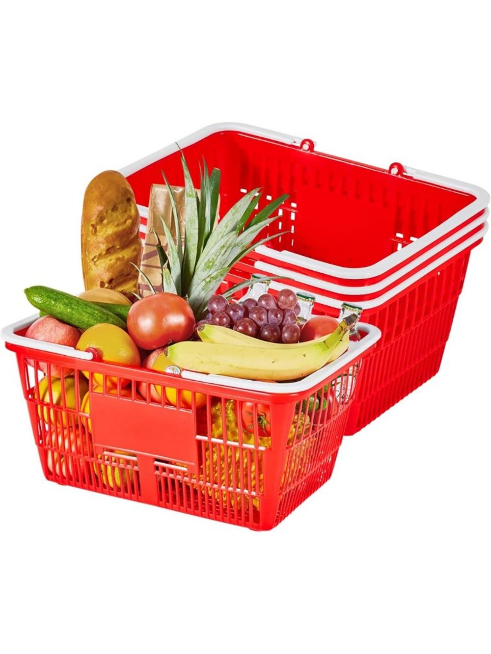 Stackable Grocery Baskets Set of 4, 21L PE Plastic, Portable with Handles, Red
